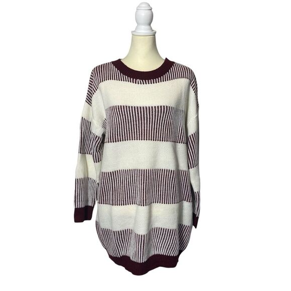 NWT Cupshe Striped Burgundy & White Knit Sweater Tunic / Dress Women's Size M - Picture 1 of 16